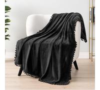 PAVILIA Manta negra con pompones para sofá o cama, forro polar, suave, acogedora, ligera, con flecos, decorativa, bohemia, decoración del hogar, regalo de franela de terciopelo, color negro sólido, 50