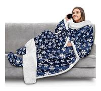 PAVILIA - Manta sherpa para llevar puesta con mangas y bolsillo para los pies, mujer y hombre, tipo bata gruesa y cálida de forro polar, regalo acogedor para esposa o madre, azul con copos de nieve