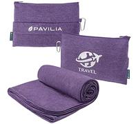 PAVILIA Travel Blanket Compact, Airplane Packable Bag, Soft Fleece Portable Throw Pillow Combo Set, Plane Flight Car Trips Essentials Gift Accessories, Luggage Backpack Clip, Purple, 65 x 40 Inch