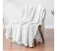 PAVILIA White Sherpa Throw Blanket for Couch, Warm Plush Pom Pom Blanket Throw, White Fuzzy Sofa Throw, Lightweight Soft Cozy Fluffy Blanket with Pom