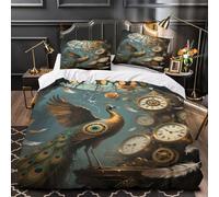 Pavo real con engranajes Impresión 3D 3 piezas cubrecama Arte de fantasía steampunk funda de colchón microfibra hipoalergénica cierre cremallera para adolescentes chicas hombres King（220x240cm）