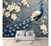 Pavo Real Fotomurales 300×210 cm Salón Dormitorio Pavo Real Azul, Flores, Estilo De Pintura Al óleo Papel pintado tejido no tejido Decoración de Pared decorativos Murales moderna de Diseno Fotográfico