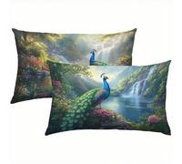 Pavo Real Fundas Cojines 40x80 Lino Juego de 2, Funda Cojin Blue Súper Suaves y Cómodas, Funda de Almohada con Cremallera Oculta, Durable y Fácil Cuidado, Adecuado para Sofá, Cama, Silla o Jardín S5-4