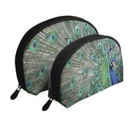 Pavo Real Mostrando Plumas con Alas Abiertas, Bolsa de Maquillaje de Concha, Monedero pequeño para Mujer, Bolsa de artículos de tocador, Bolsa de cosméticos, 2 Piezas