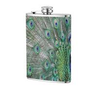 Pavo real mostrando plumas con las alas abiertas,Frasco de acero inoxidable 304 de 8 oz con funda de cuero sintético, frasco de bolsillo para licor plano para exteriores