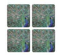 Pavo Real mostrando Plumas con Las alas Abiertas,Posavasos Cuadrados de Corcho MDF, Almohadilla para Tazas, Juego de 4 Posavasos para Bebidas