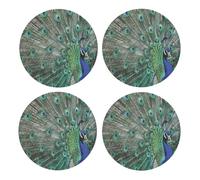 Pavo Real mostrando Plumas con Las alas Abiertas,Posavasos Redondos de Corcho MDF, Almohadilla para Tazas, Juego de 4 Posavasos para Bebidas