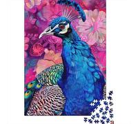 Pavo Real Puzzle de 1000 Piezas Papel Premium para Adultos Fondo Floral Colorido Puzzle para Adultos Relajación Decoración Regalo 52x38cm/1000pcs