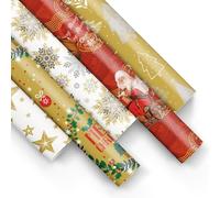 PAW - Papel de regalo 200x70cm - 5 rollos | Mezcla de 5 diseños | Elegante Papel Para Envolver Regalos para Navidad, Regalos de Invierno, Regalos, Cumpleaños - Navidad dorada, Papá Noel