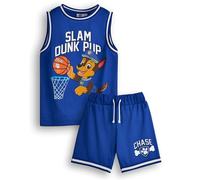 Paw Patrol Conjunto de camiseta de baloncesto y pantalones cortos Chase para niños | Conjunto deportivo de dos piezas para niños Slam Dunk Pup en azul | Paquete para niños