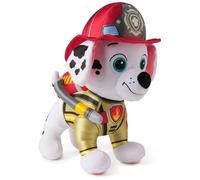 PAW PATROL Fire Rescue Marshall Deluxe - Peluche de 25 cm de Alto en Uniforme de Bombero y Mochila de extinción, Juguete para niños a Partir de 3 años