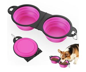 Pawaboo Tazones Plegables 2 en 1 para Perros, Tazones Dobles para Cachorros de Comida y Agua, Tazone de Silicona con Giro de 180° y Gancho Metálico, Tazone Alimentadores para Mascotas de 450ml, Rosa