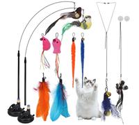 PAWCHIE Juguete para gatos, juguete interactivo de plumas de gato, juego de juguetes de simulación de pájaros y gatos, juguete de gato para interiores, juguete de varita de gato, 10 juguetes de