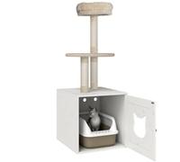 PawHut 2-en-1 Árbol para Gatos y Caja de Arena, 129 cm, Crema | Torre de juego, casa para gatos con caja de arena, rascadores, plataforma, cama.