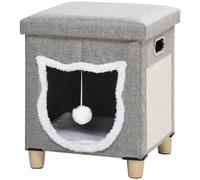PawHut 2 en 1 Reposapiés Cama para Gatos con Cojín Extraíble Bola Colgante y Almohadilla para Rascar 35,5x35,5x42,5 cm Gris Aosom España