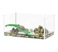 PawHut Acuario para Tortugas, Terrario de Tortugas con Plataforma y Rampa con Superficie de Césped Artificial, Vista Panorámica 360°, para Peces Pequeños, Camarones, 60x35x28 cm, Blanco