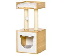 PawHut Árbol para Gatos de 2 Niveles con Cueva Cama Superior Postes Rascadores de Sisal Natural Cojines Lavables y Bola de Juguete 35x35x81 cm Roble y Blanco