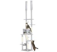 PawHut Árbol Gatos 225-255cm Suelo-Techo XXL 6 Niveles Gris Claro | Rascador de sisal con escondite, hamaca, plataformas, escalera, 2 bolas colgantes