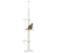 PawHut Árbol Rascador de Suelo a Techo Ajustable para Gatos con 3 Plataformas y 2 Bolas 48x32x225-255 cm Blanco Aosom España