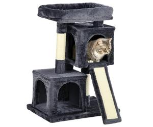 PawHut Árbol Múltiples Actividades para Gatos Centro de Juegos para Mascotas con Postes y Tablero Rascador Cuevas Cama con Borde Elevado Tacto Suave 59x39x83 cm Gris Oscuro