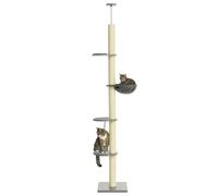 PawHut Árbol para Gatos 230-250cm hasta Techo Gris+Crema Blanca | Árbol para gatos con hamaca, postes sisal, plataformas, rascador multinivel hasta 5 kg