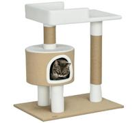 PawHut Árbol para Gatos 79cm pequeño para Gatos hasta 8kg Marrón/Blanco | Cueva, poste rascador con área de descanso, árbol trepador de yute, mueble para gatos, cachemir falso