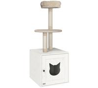 PawHut Árbol para Gatos con Casa de Arena, Torre de Juego 2 en 1 de 129 cm con Ocultador de Arena, Postes para Rascar, Crema