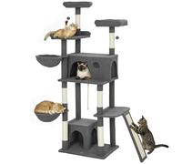 PawHut Árbol para Gatos con Poste rascador, Altura 174 cm, de Tela de Peluche, Torre de Juegos para Gatos, 3 Camas, 2 nichos, Plataformas y 3 Juguetes Colgantes, Varios Niveles, Gris