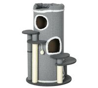 PawHut Árbol para Gatos con Torre de Rascar, 2 Cuevas para Gatos, 4 Áreas de Descanso, 4 Postes para Rascar, 57x57x99 cm, Gris+ Blanco Aosom España