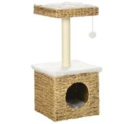 PawHut Árbol para gatos de 2 niveles con 1 casita 1 poste de sisal 1 plataforma observadora y 1 pompon colgante mimbre