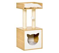 PawHut Árbol para Gatos de 2 Niveles con Cueva Cama Superior Postes Rascadores de Sisal Natural Cojines Lavables y Bola de Juguete 35x35x81 cm Roble y Blanco
