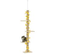 PawHut Árbol para gatos de 242 cm de suelo a techo para gatos de interior con hojas, torre de escalada para gatos de altura ajustable con poste rascador, kit antideslizante, amarillo