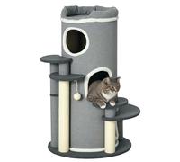 PawHut Árbol para gatos de interior, torre de 3 niveles con forma de barril con postes rascadores de sisal, cama para gatos, plataformas, bola colgante, gris