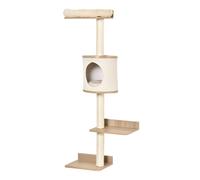 PawHut Árbol para Gatos de Pared 38x30x149 cm con Múltiples Plataformas de Madera Cueva Cama Superior Cojín Extraíble Postes Rascadores de Sisal Torre para Escalar Beige y Roble