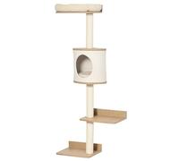 PawHut Árbol para Gatos de Pared 38x30x149 cm con Múltiples Plataformas de Madera Cueva Cama Superior Cojín Extraíble Postes Rascadores de Sisal Torre para Escalar Beige y Roble