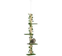 Pawhut Árbol para Gatos de Suelo a Techo 3 Plataformas 202-242 cm Verde | Torre para Gatos, Postes Rascadores, Altura Ajustable, Decoración de Hoja de Arce