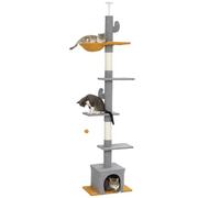 PawHut Árbol para gatos de suelo a techo, altura 275 cm, torre de juegos para gatos, 6 niveles, con plataformas, perrera, hamaca, pelota, postes rascadores, para trepar, rascar y jugar, gris claro