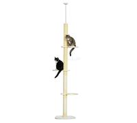 PawHut Árbol para Gatos de Suelo a Techo con Altura Ajustable Poste de Sisal y Bola para Jugar 47x34x220-260 cm Crema Yellow 47x34x260 cm