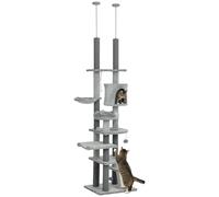 PawHut Árbol para Gatos de Suelo a Techo de 225-255 cm Árbol Rascador para Gatos con Altura Ajustable Plataformas Cueva Cama Hamaca Rampa Bolas Juguetes Gris
