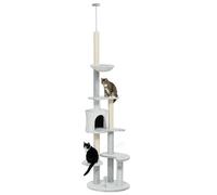 PawHut Árbol para Gatos de Suelo a Techo de 225-255 cm Torre para Gatos Ajustable en Altura con Cueva Plataformas Hamaca Postes Rascadores y Bolas
