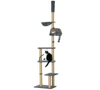 PawHut Árbol para Gatos de Suelo a Techo de 230-250 cm Árbol Rascador para Gatos con Altura Ajustable Múltiples Plataformas Cestos Hamaca Bolas Colgantes Gris