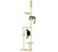 PawHut Árbol para Gatos de Suelo a Techo de 230-250 cm Árbol Rascador para Gatos con Altura Ajustable Múltiples Plataformas Cestos Hamaca Bolas Colgantes Beige