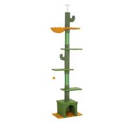 PawHut Árbol para Gatos de Suelo a Techo de 230-275 cm, Torre para Gatos con Altura Ajustable, Plataformas, Cueva, Hamaca, Postes de Sisal y Bola de Juguete, Verde
