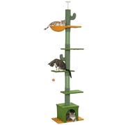 PawHut Árbol para Gatos de Suelo a Techo de 230-275 cm, Torre para Gatos con Altura Ajustable, Plataformas, Cueva, Hamaca, Postes de Sisal y Bola de Juguete, Verde