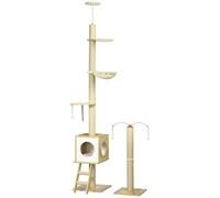 PawHut Árbol para Gatos del Suelo al Techo 225-285 cm Árbol Pequeño para Gatos con Altura Ajustable Plataformas Hamaca Caseta Poste de Yute Rampa y