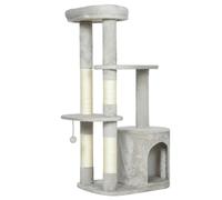 PawHut Árbol rascador 114 cm torre para gatos con cueva, postes de sisal, plataforma, de varios niveles para gatos medianos de menos de 6 kg, Gris claro