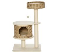 PawHut Árbol rascador 95cm, Cueva para Gato, hasta 5kg, Natural+Beige | Torre para gato, pelota, troncos de sisal, plataforma grande, poste rascador multinivel, árbol trepador.