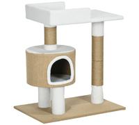 PawHut Árbol Rascador Árbol para Gatos con Casita, 1 Casita, 1 Área de descanso, 70 cm x 49 cm x 79 cm, Natural + Blanco