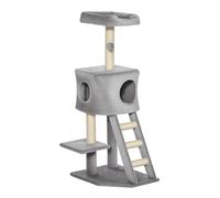PawHut Árbol rascador con Escalera Cueva para Gatos Árbol trepador para Gatos Centro multiactividades multinivel E1 MDF Sisal Gris Claro 60 x 48 x 122 cm