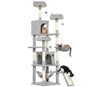 PawHut Árbol Rascador Grande para Gatos 192 cm 48x48x192 cm Gris Claro | Torre para Gatos de Felpa, 3 Camas, 2 Casitas, 2 Hamacas, Escalera Rascadora, Postes de Sisal, 3 Bolas Colgantes